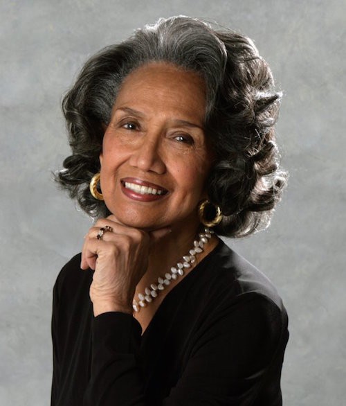 portrait of Phiadanco's leader Joan Myers Brown, a beautiful Black woman smiling and tilting her head in an inviting manner. She is wearing shiny hoop earring, an necklace to match and a black top